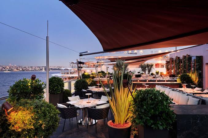 Frankie Istanbul's rooftop terrace overlooking the Bosphorus at dusk